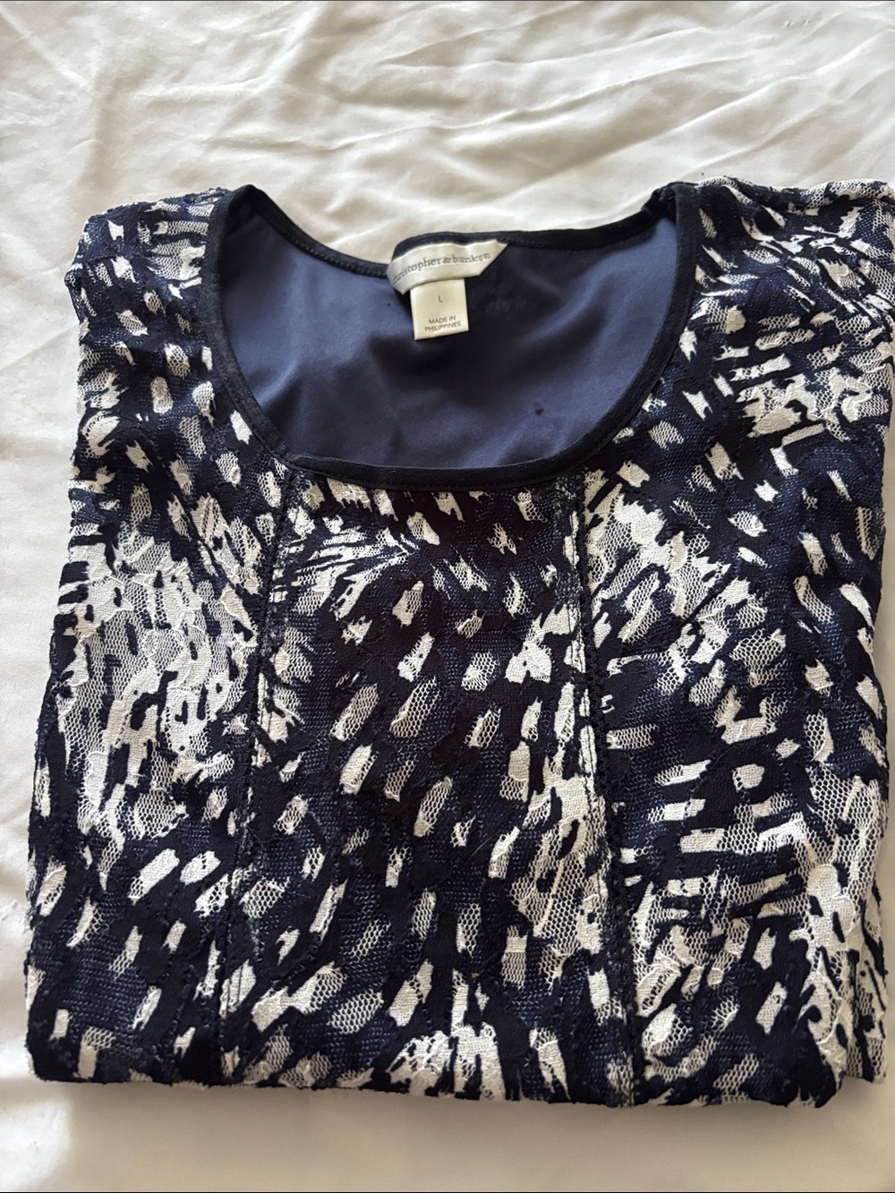 Christopher & Banks Navy and White Lace-Overlay Printed Blouse